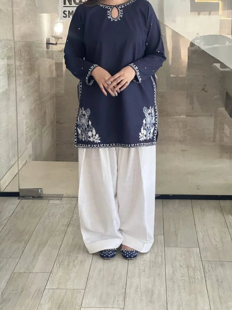 ATM26216 | The Blue White Cotton Lawn Short Shirt Paired With Farshi Shalwar