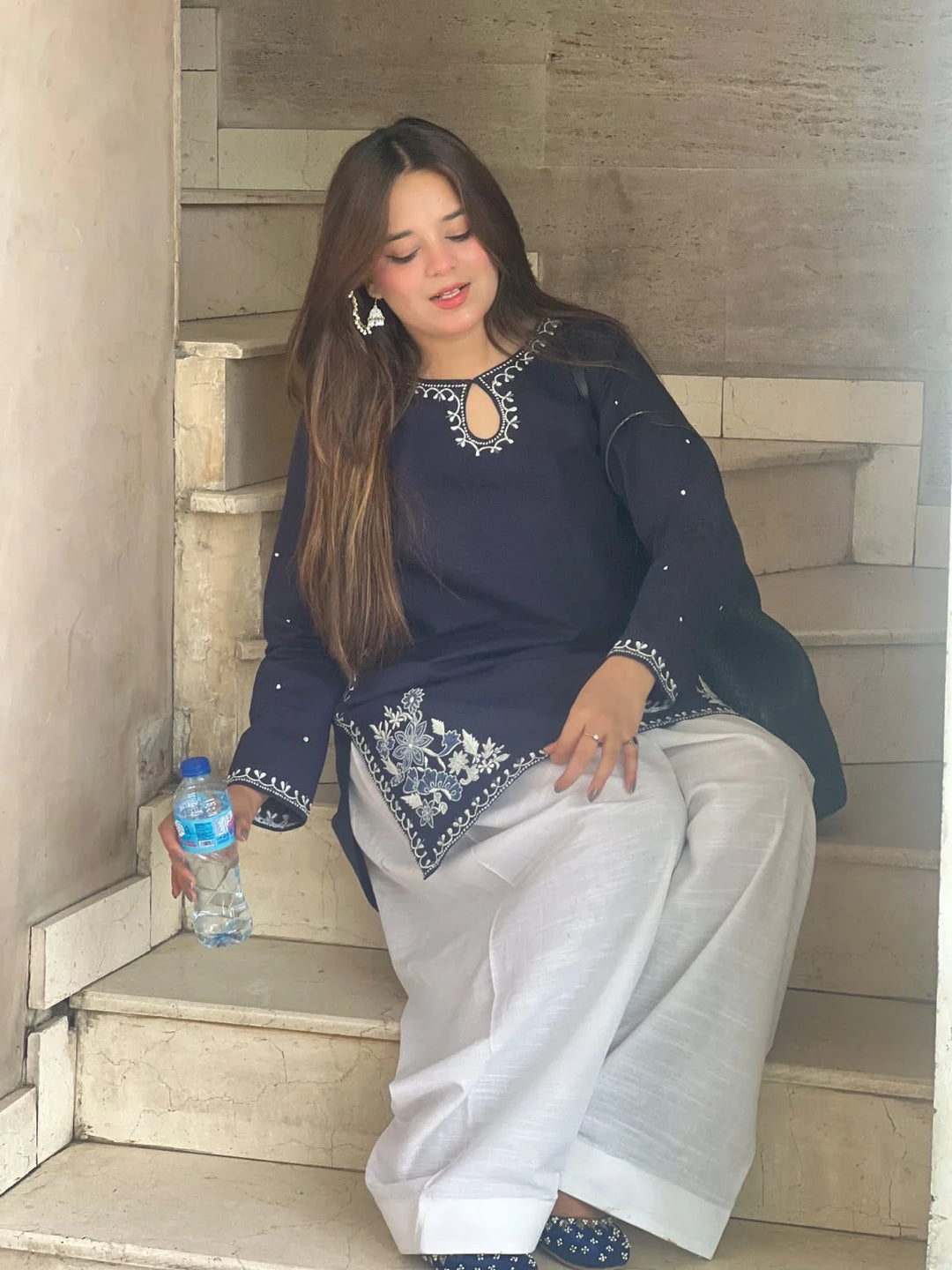 ATM26216 | The Blue White Cotton Lawn Short Shirt Paired With Farshi Shalwar