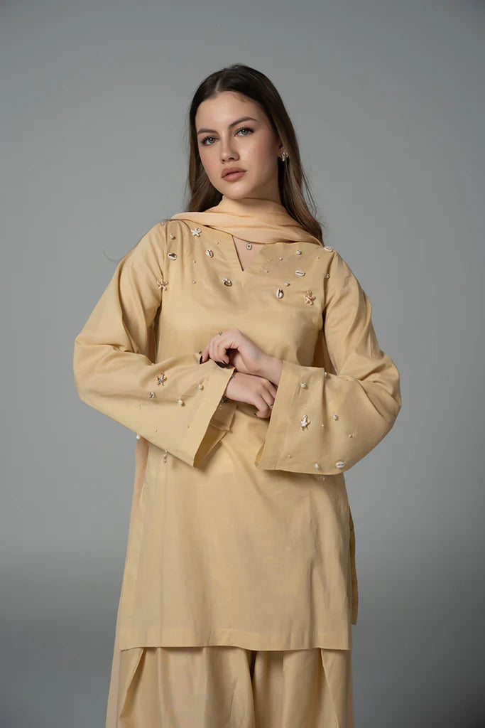 ATM26218 | The Beige Cotton Short Shirt Paired With Farshi Shalwar