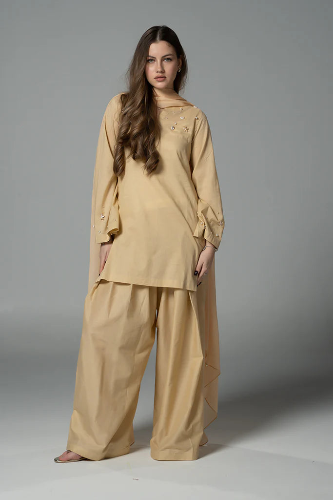 ATM26218 | The Beige Cotton Short Shirt Paired With Farshi Shalwar