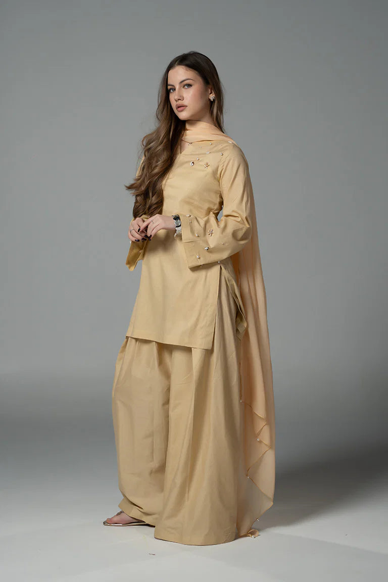 ATM26218 | The Beige Cotton Short Shirt Paired With Farshi Shalwar