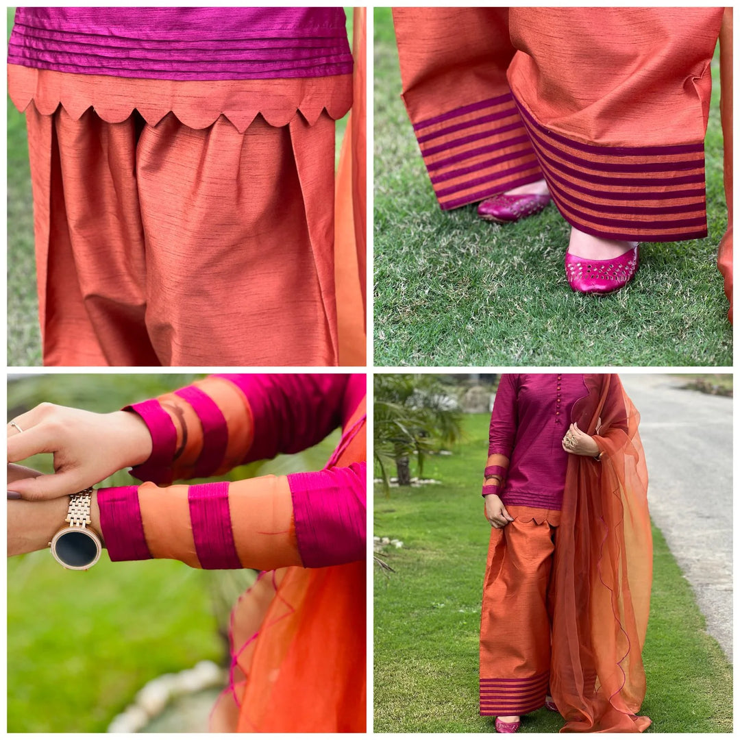 ATM26220 | The Maroon/Orange Silk Short Shirt Paired With Farshi Shalwar