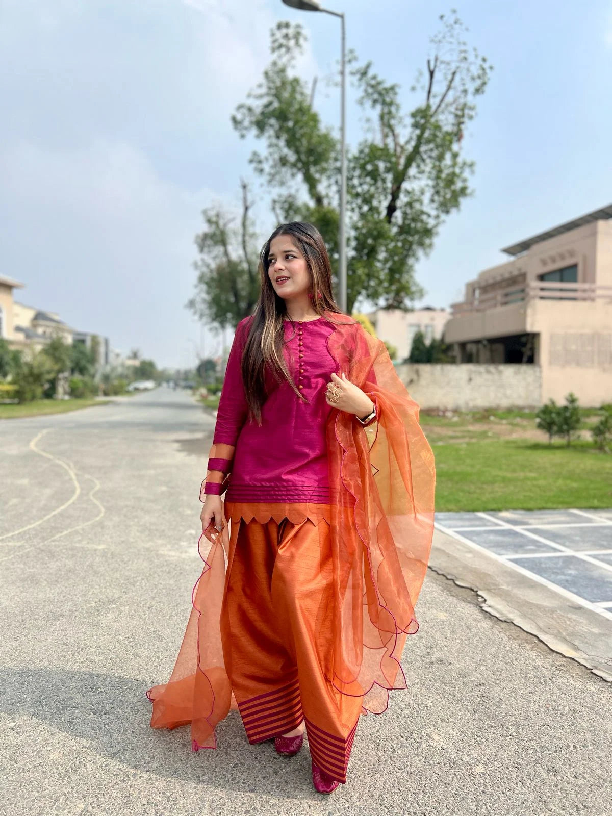 ATM26220 | The Maroon/Orange Silk Short Shirt Paired With Farshi Shalwar