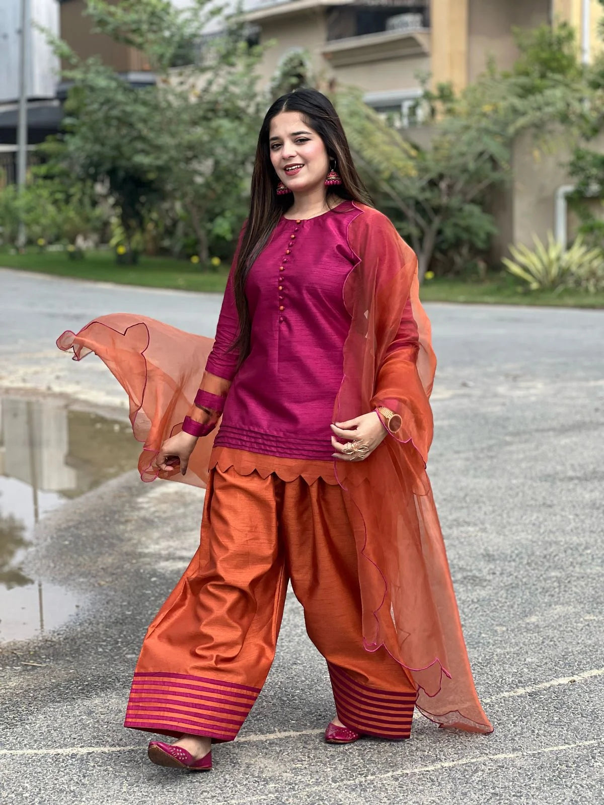 ATM26220 | The Maroon/Orange Silk Short Shirt Paired With Farshi Shalwar