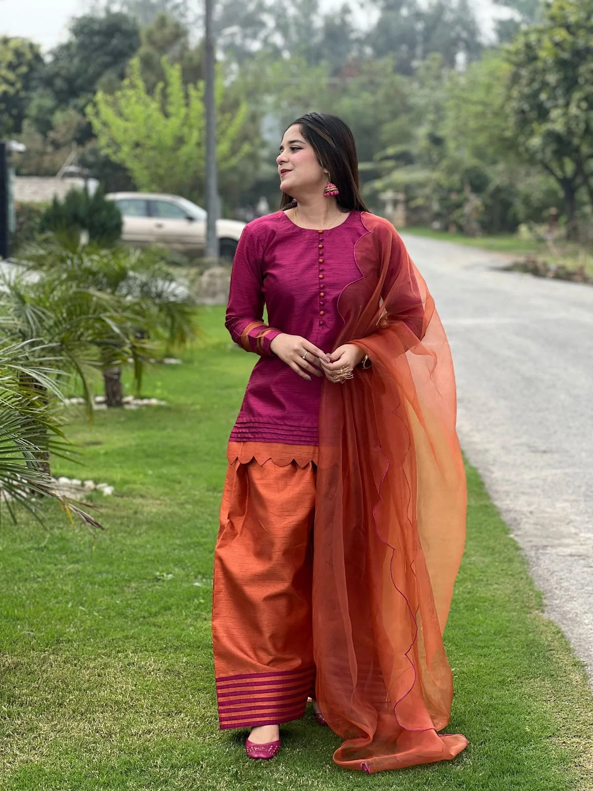 ATM26220 | The Maroon/Orange Silk Short Shirt Paired With Farshi Shalwar