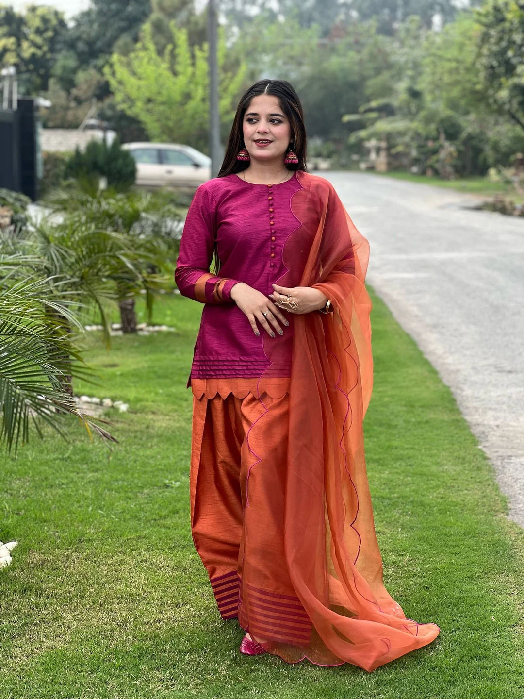 ATM26220 | The Maroon/Orange Silk Short Shirt Paired With Farshi Shalwar