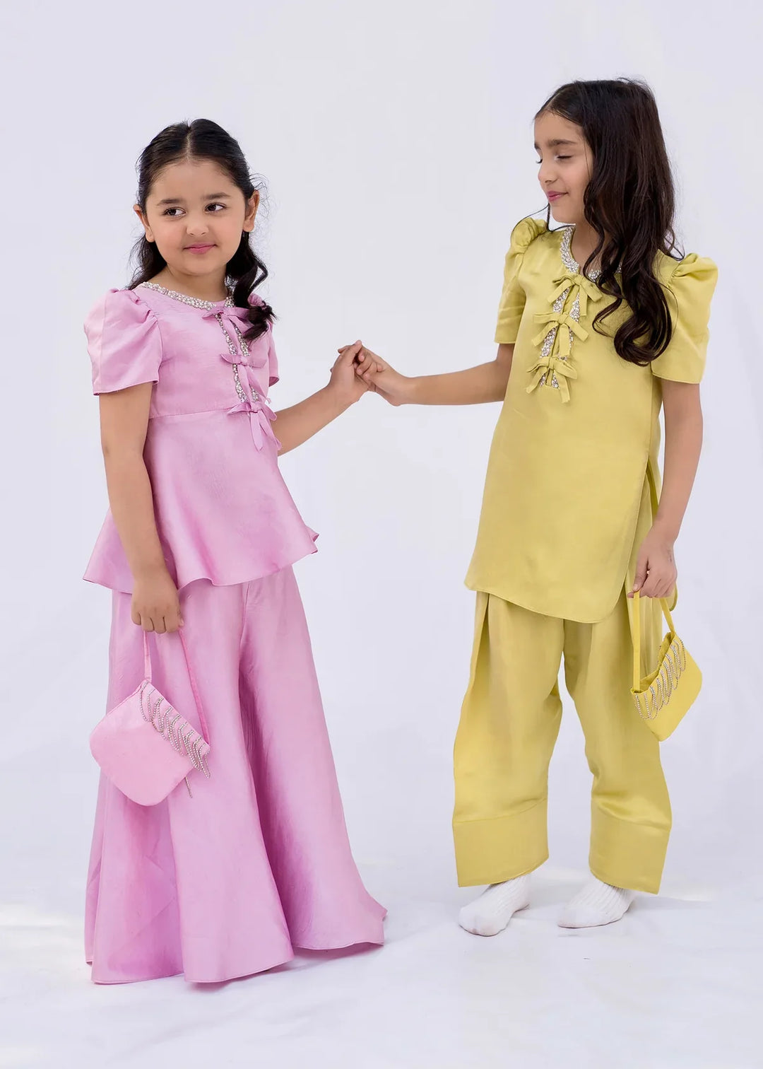 ATM26222 | Yellow & Pink Shamose Silk Readymade 2 Pc Suit in Farshi Shalwar Style