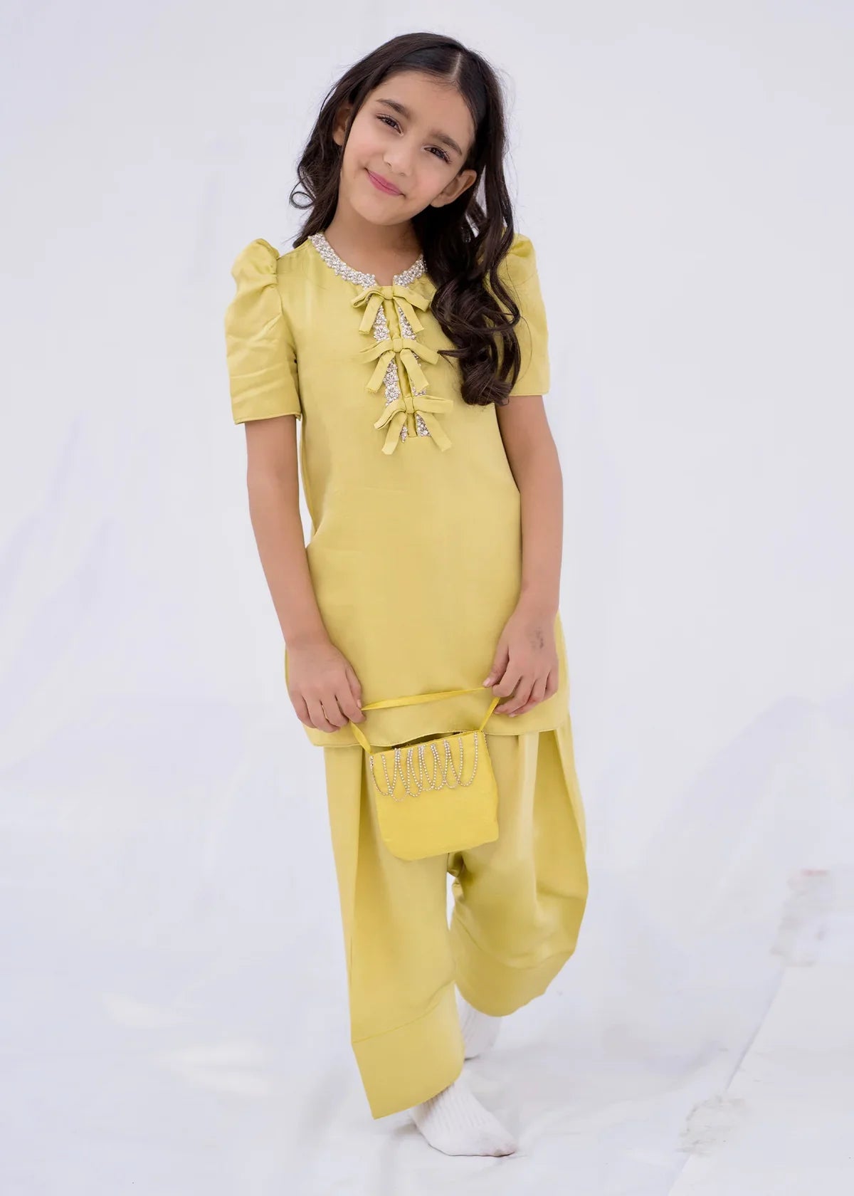 ATM26222 | Yellow & Pink Shamose Silk Readymade 2 Pc Suit in Farshi Shalwar Style