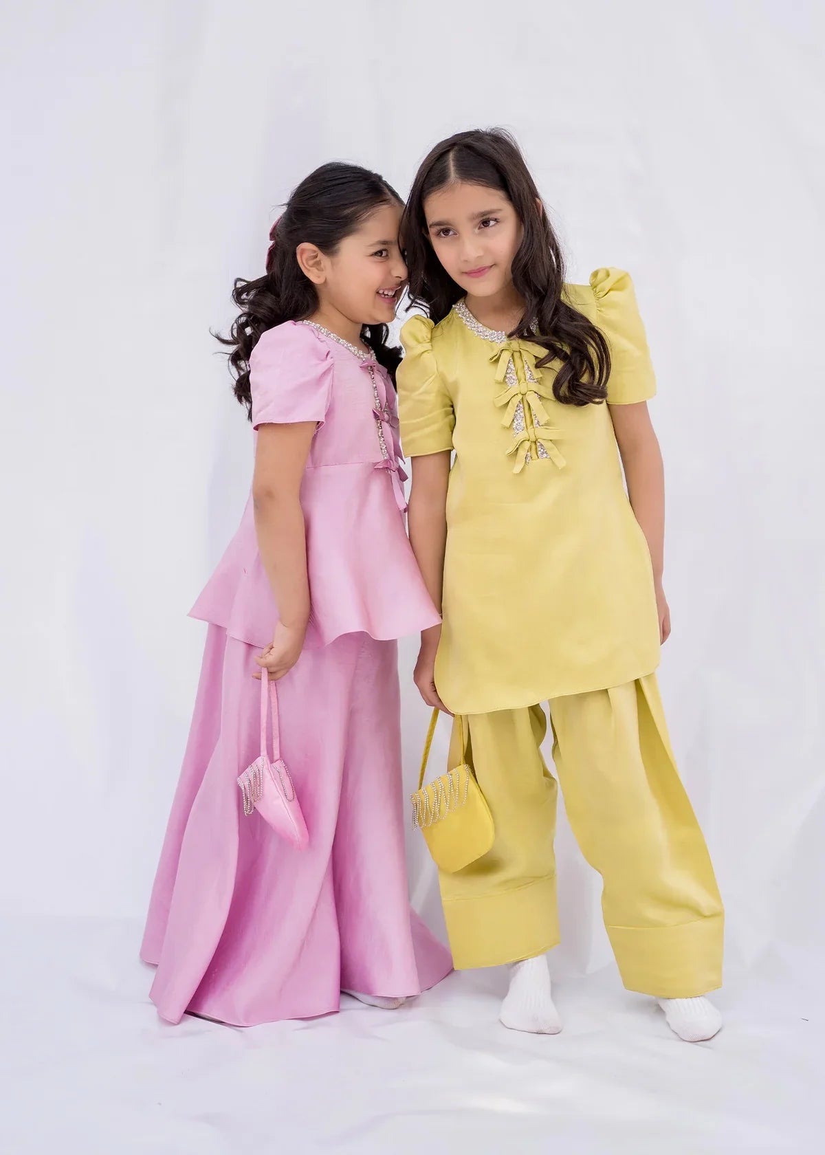 ATM26222 | Yellow & Pink Shamose Silk Readymade 2 Pc Suit in Farshi Shalwar Style