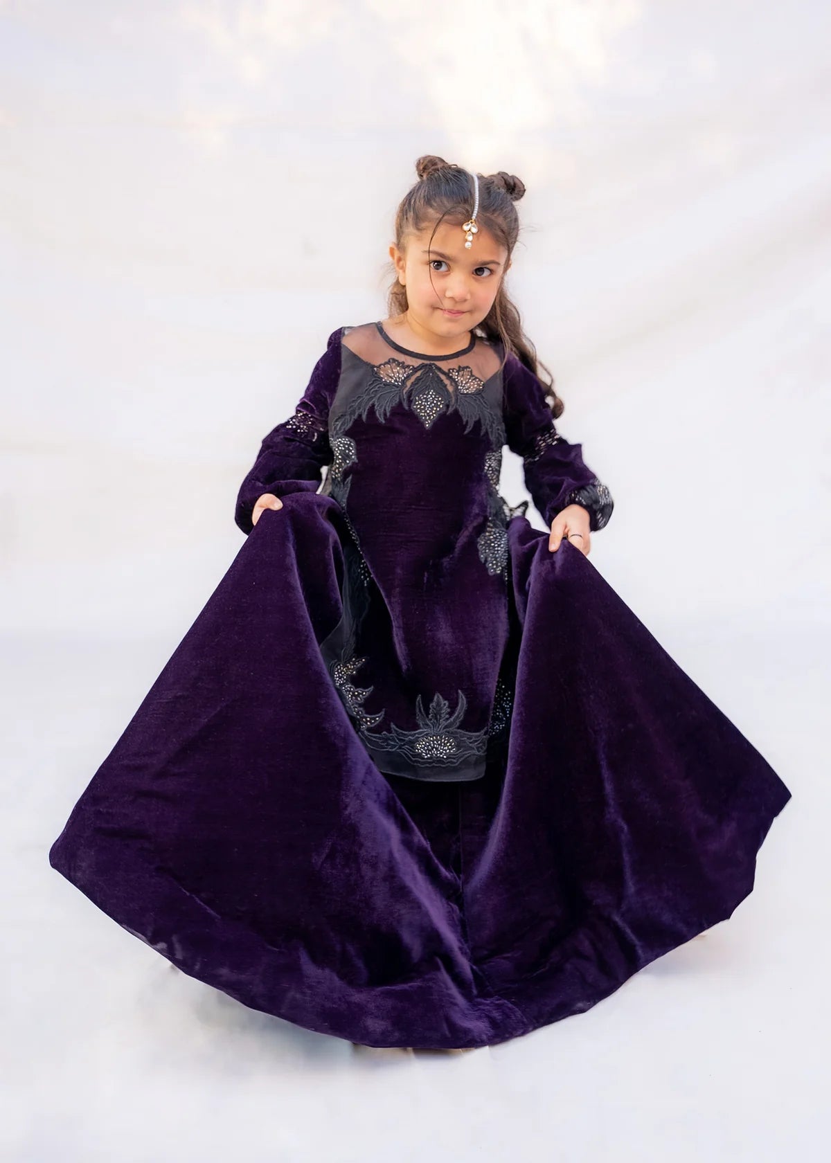 ATM26226 | Mommy & Me Three Piece Partywear Readymade Suit in Purple Velvet