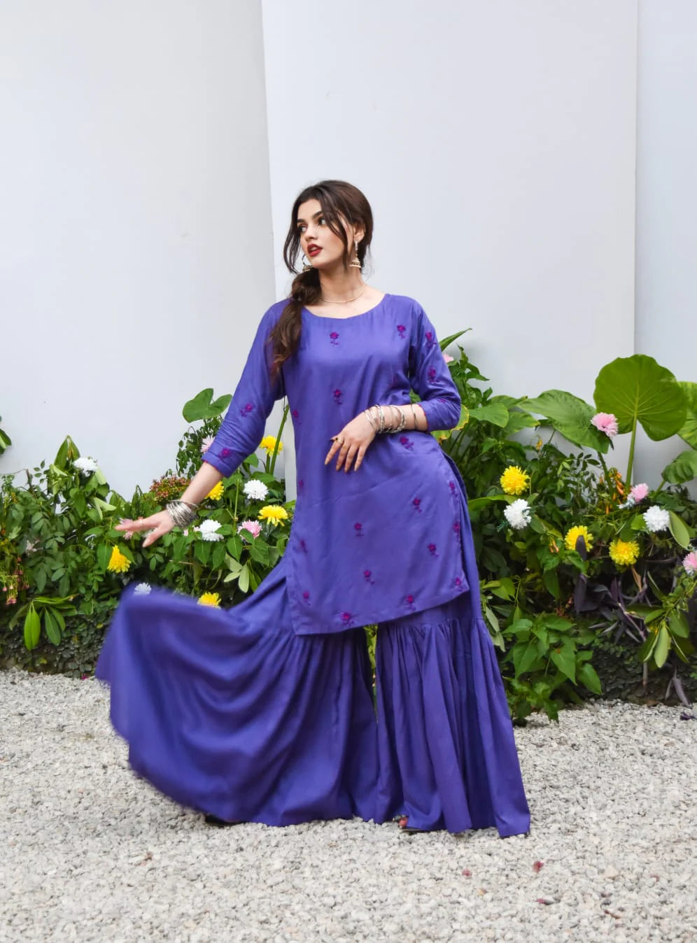 ATM26262 | Pakistani Designer's Violet 2Pc, Embroidered Gharara Set