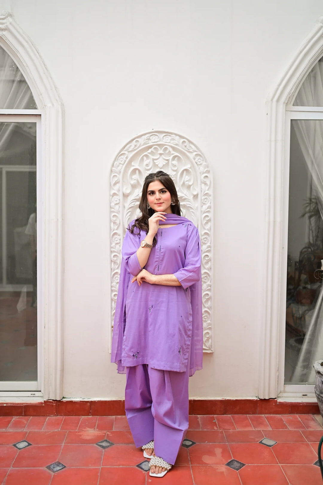 ATM26272 | Pakistani Designer's Aangan - Embroidered Farshi Shalwar Suit