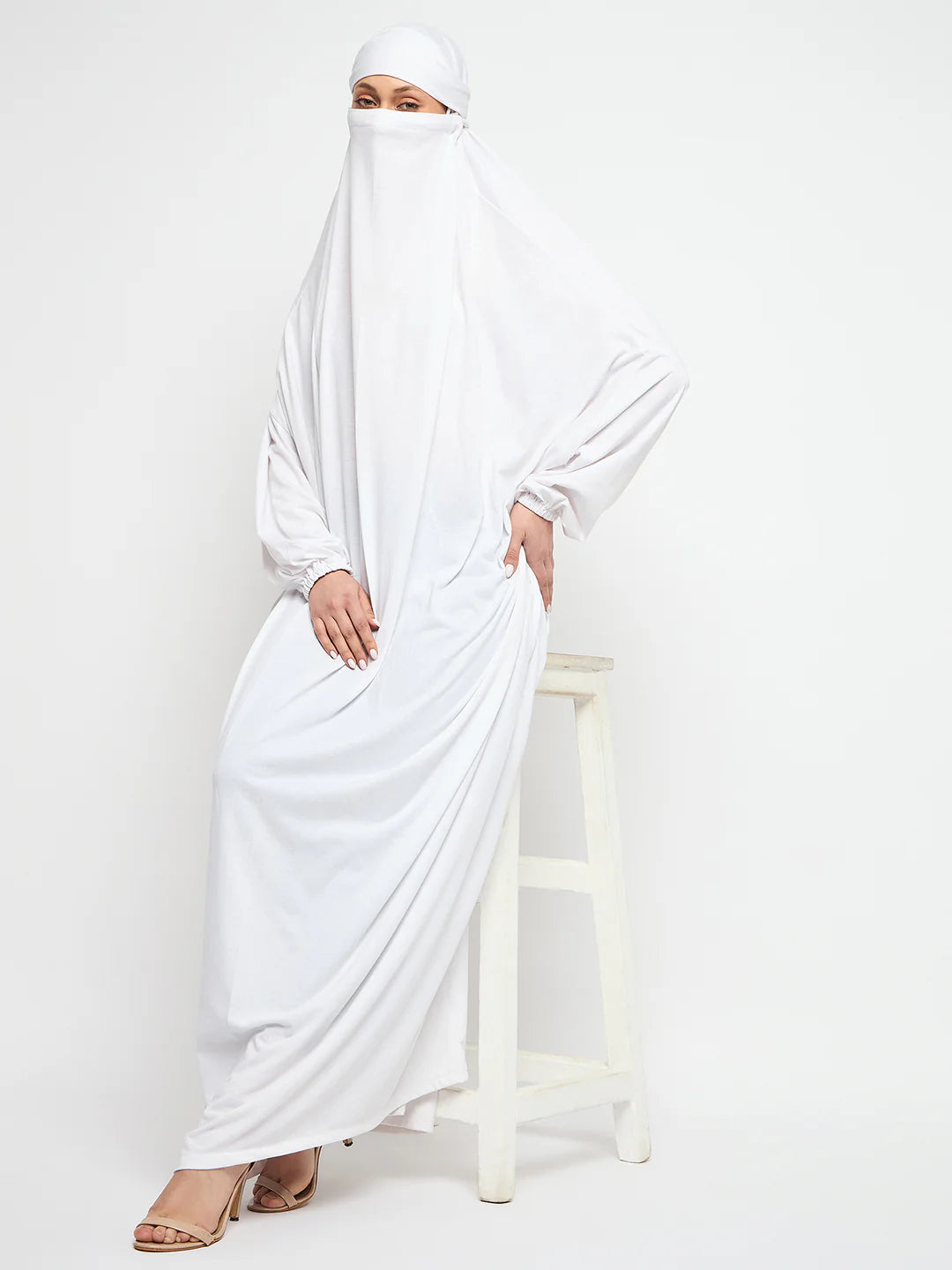 ATM26304 | White Free Size Adjustable Nosepiece Cotton Fabric Jilbab Abaya for Girls and Women