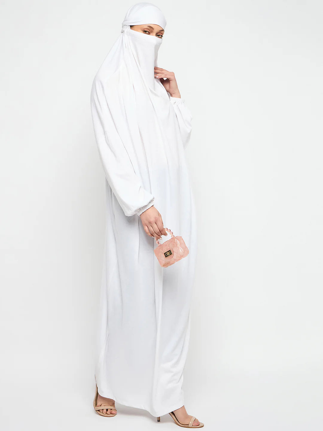 ATM26304 | White Free Size Adjustable Nosepiece Cotton Fabric Jilbab Abaya for Girls and Women