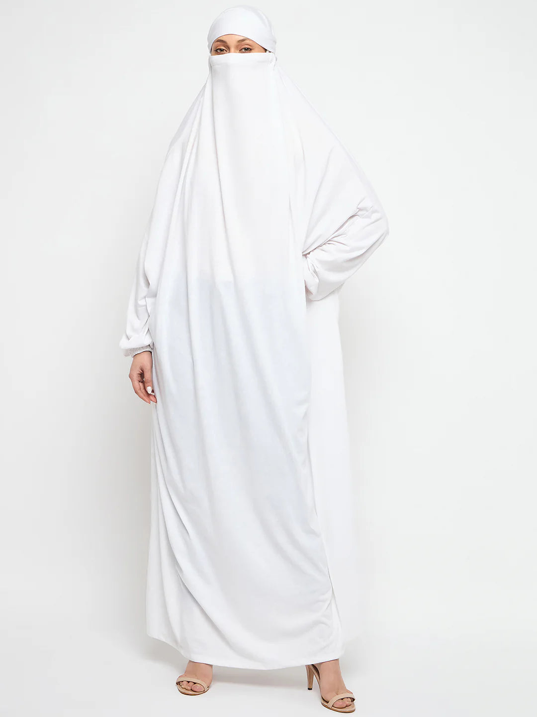 ATM26304 | White Free Size Adjustable Nosepiece Cotton Fabric Jilbab Abaya for Girls and Women