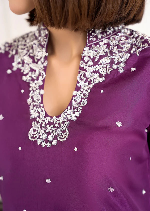 ATM26310 | Pakistani Designer's  Deep Purple Silk Readymade Partywear Suit
