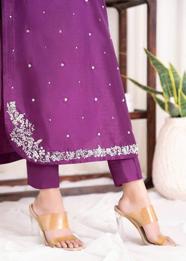 ATM26310 | Pakistani Designer's  Deep Purple Silk Readymade Partywear Suit