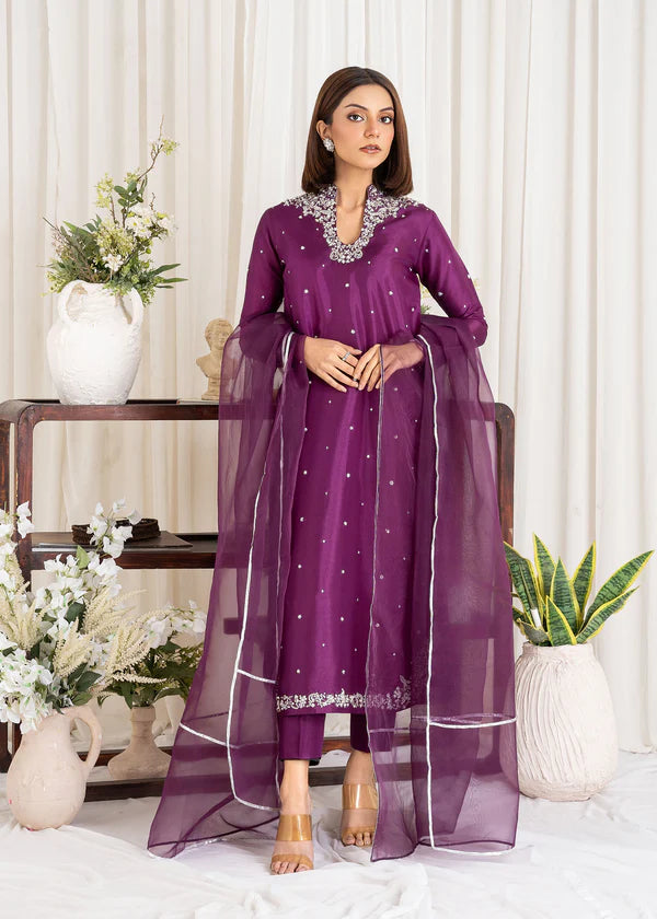 ATM26310 | Pakistani Designer's  Deep Purple Silk Readymade Partywear Suit
