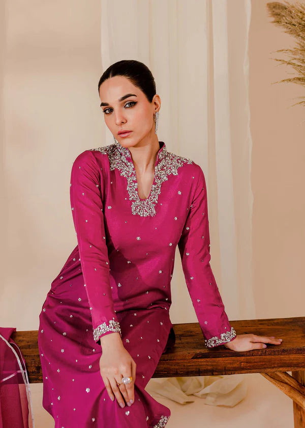 ATM26311 | Pakistani Designer's  Bright Pink Silk Readymade Partywear Suit