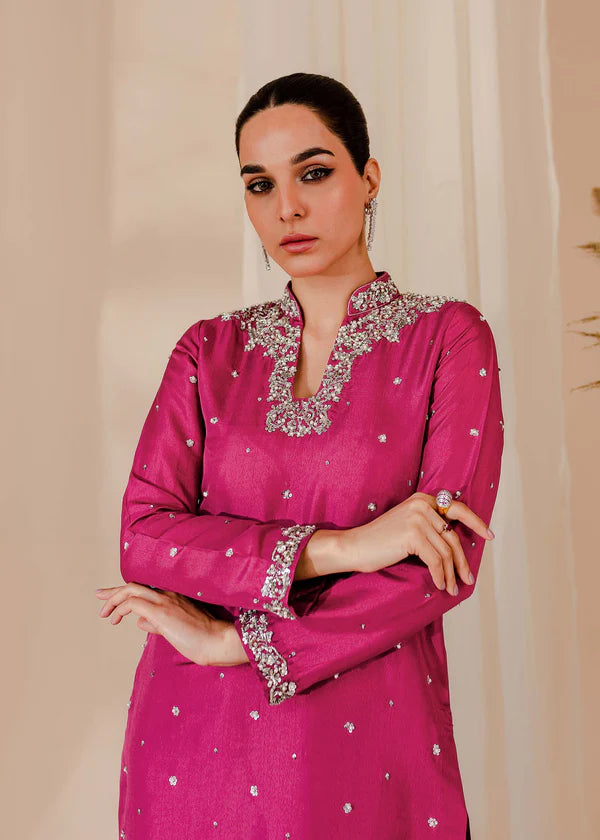 ATM26311 | Pakistani Designer's  Bright Pink Silk Readymade Partywear Suit