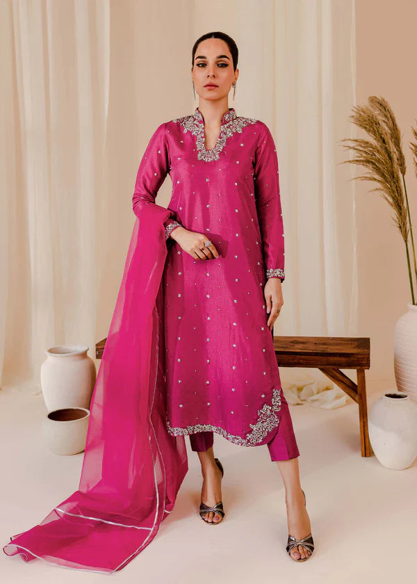 ATM26311 | Pakistani Designer's  Bright Pink Silk Readymade Partywear Suit