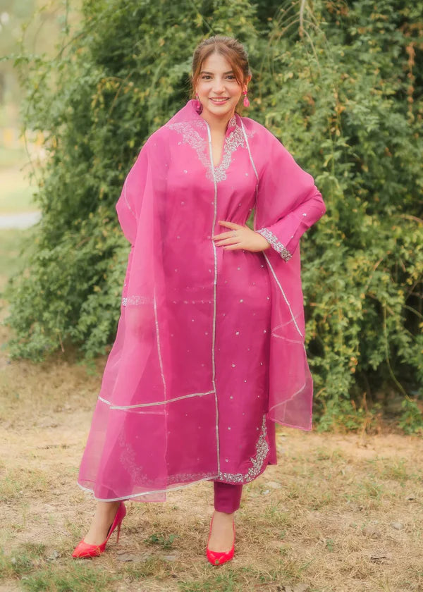 ATM26311 | Pakistani Designer's  Bright Pink Silk Readymade Partywear Suit