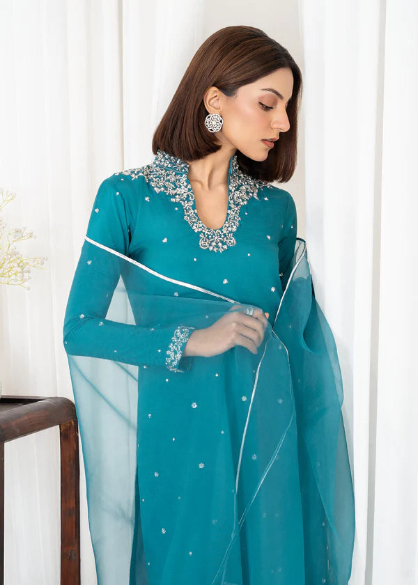 ATM26313 | Pakistani Designer's  Teal Silk Readymade Partywear Suit