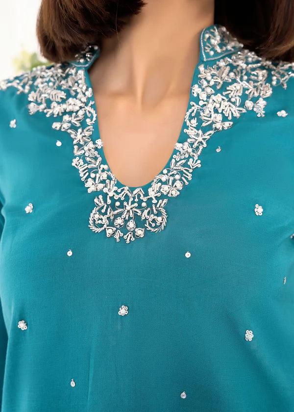 ATM26313 | Pakistani Designer's  Teal Silk Readymade Partywear Suit