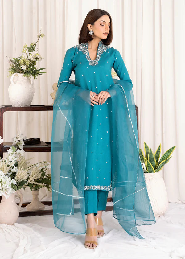 ATM26313 | Pakistani Designer's  Teal Silk Readymade Partywear Suit