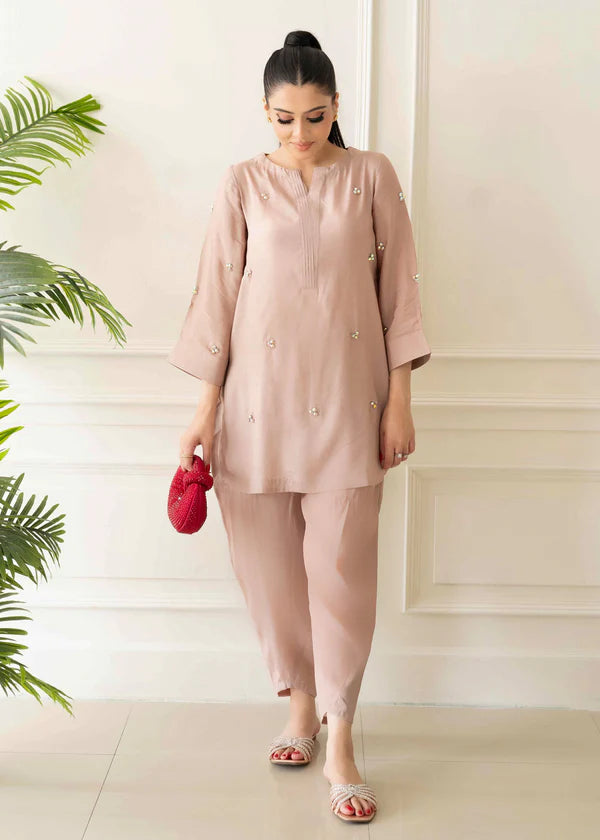 ATM26314 | Pakistani Designer's  Dusty Pink Silk Readymade Co-Ord Set Partywear Suit