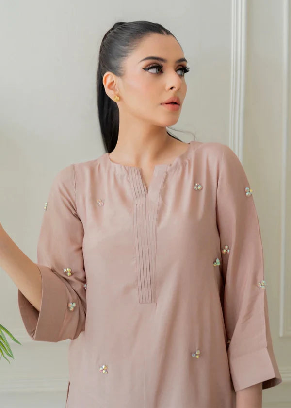 ATM26314 | Pakistani Designer's  Dusty Pink Silk Readymade Co-Ord Set Partywear Suit