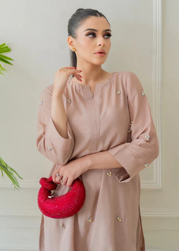 ATM26314 | Pakistani Designer's  Dusty Pink Silk Readymade Co-Ord Set Partywear Suit