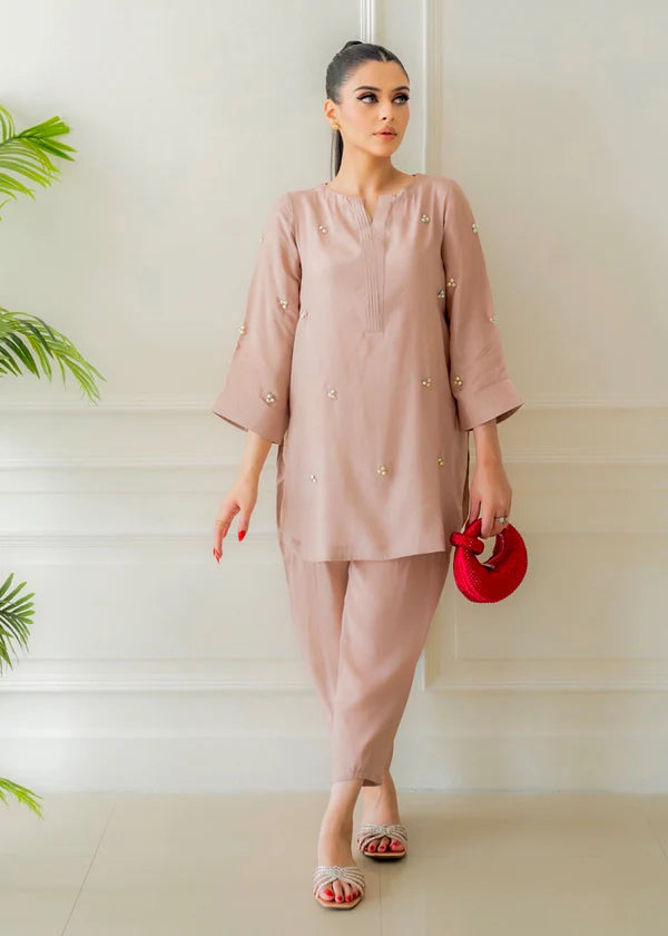 ATM26314 | Pakistani Designer's  Dusty Pink Silk Readymade Co-Ord Set Partywear Suit