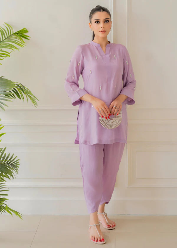 ATM26315 | Pakistani Designer's  Lavender Silk Readymade Co-Ord Set Partywear Suit