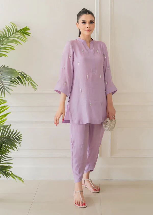 ATM26315 | Pakistani Designer's  Lavender Silk Readymade Co-Ord Set Partywear Suit