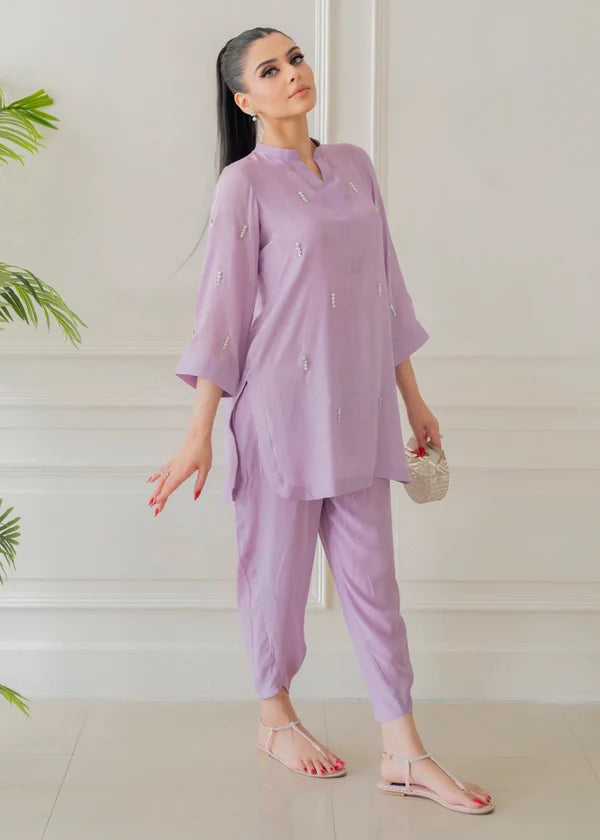 ATM26315 | Pakistani Designer's  Lavender Silk Readymade Co-Ord Set Partywear Suit