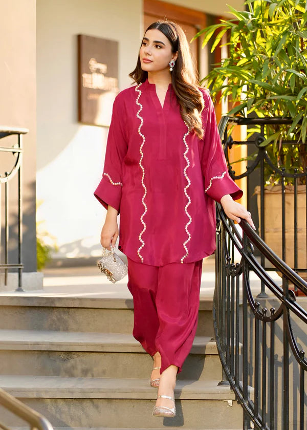 ATM26316 | Pakistani Designer's Red Silk Readymade Co-Ord Set Partywear Suit