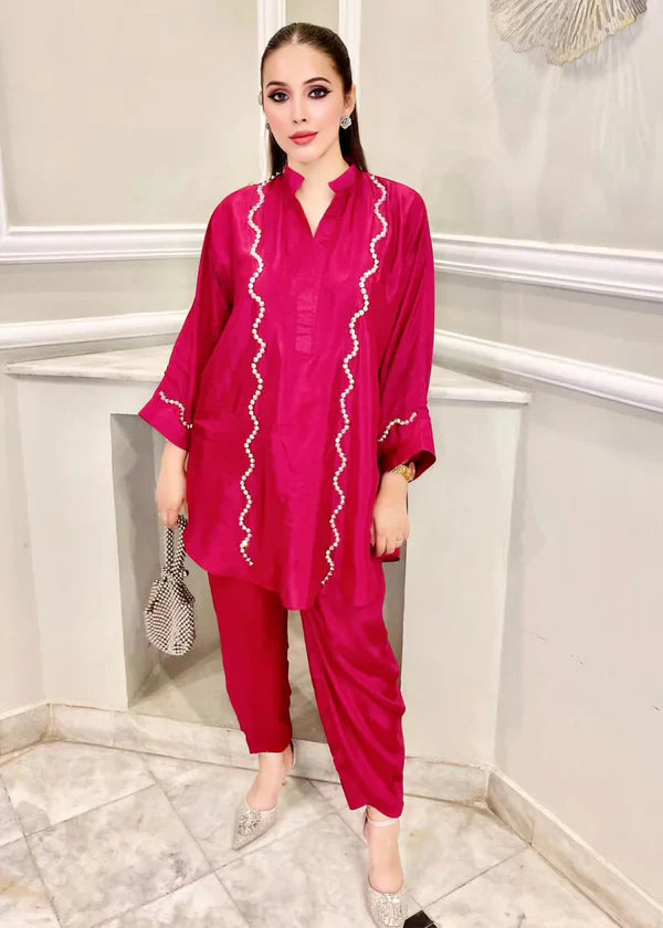 ATM26316 | Pakistani Designer's Red Silk Readymade Co-Ord Set Partywear Suit