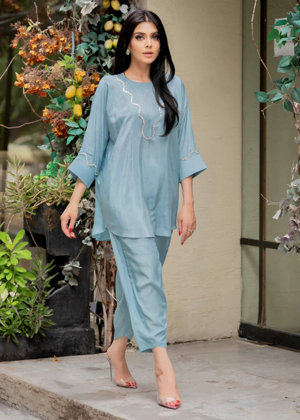 ATM26317 | Pakistani Designer's Sky Blue Silk Readymade Co-Ord Set Partywear Suit