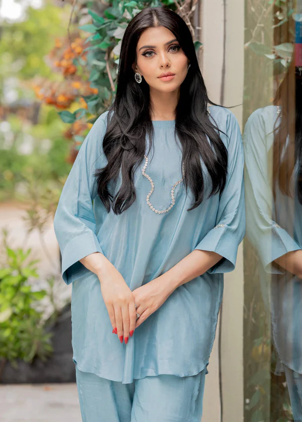 ATM26317 | Pakistani Designer's Sky Blue Silk Readymade Co-Ord Set Partywear Suit
