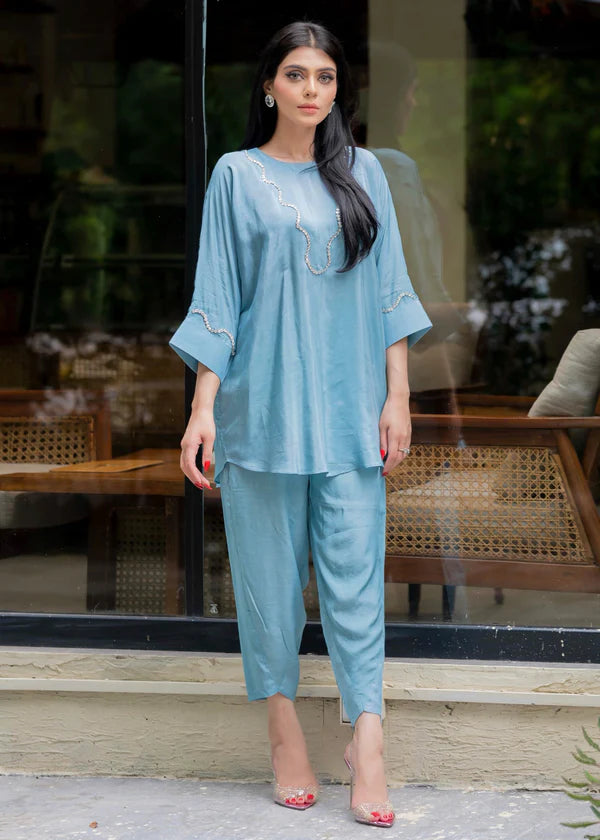 ATM26317 | Pakistani Designer's Sky Blue Silk Readymade Co-Ord Set Partywear Suit