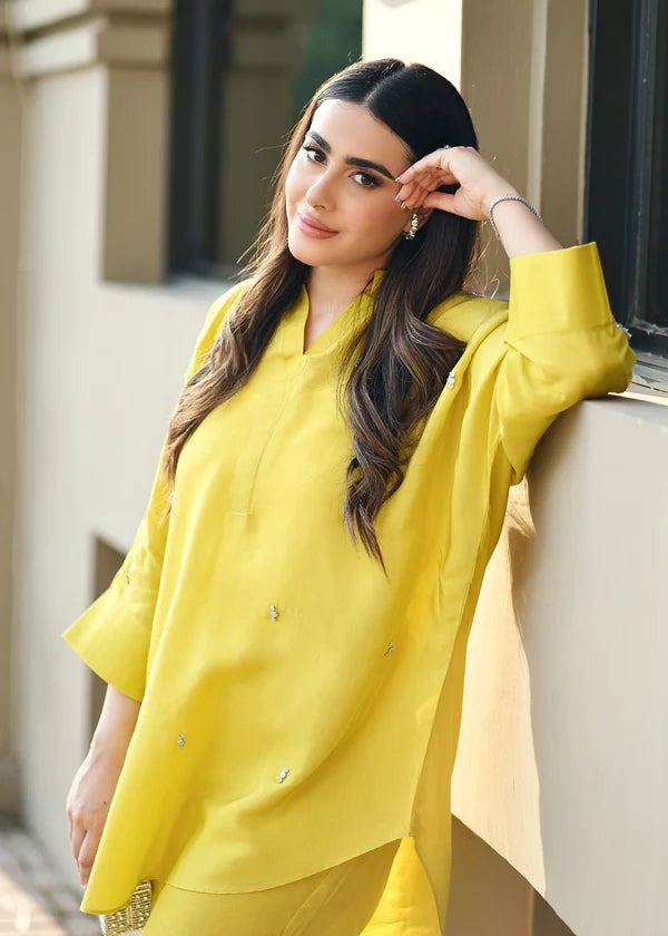 ATM26318 | Pakistani Designer's Yellow Silk Readymade Co-Ord Set Partywear Suit