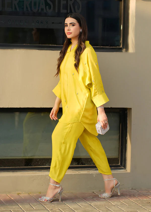 ATM26318 | Pakistani Designer's Yellow Silk Readymade Co-Ord Set Partywear Suit