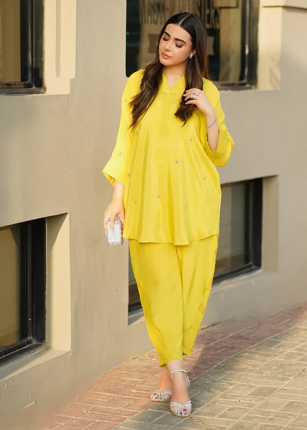ATM26318 | Pakistani Designer's Yellow Silk Readymade Co-Ord Set Partywear Suit