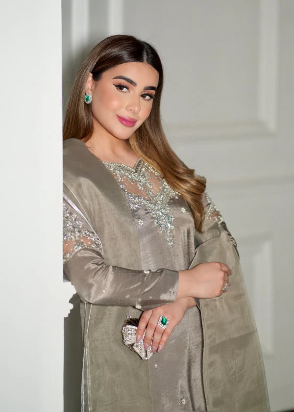 ATM26319 | Pakistani Designer's Silk Ash Grey Readymade 3 Piece Partywear Suit
