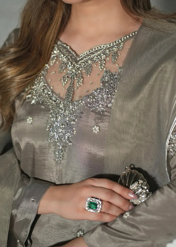 ATM26319 | Pakistani Designer's Silk Ash Grey Readymade 3 Piece Partywear Suit