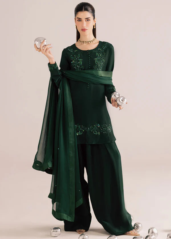 ATM26320 | Pakistani Designer's Silk Bottle Green Hand Made Embroidered  Readymade 3 Piece Partywear Suit