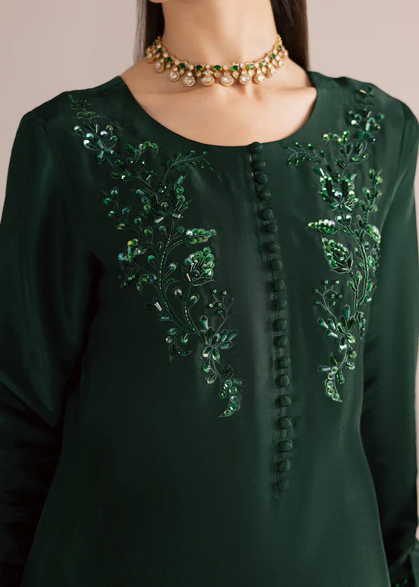 ATM26320 | Pakistani Designer's Silk Bottle Green Hand Made Embroidered  Readymade 3 Piece Partywear Suit