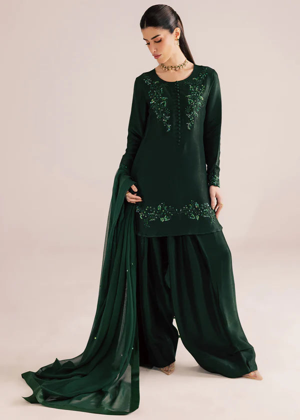 ATM26320 | Pakistani Designer's Silk Bottle Green Hand Made Embroidered  Readymade 3 Piece Partywear Suit