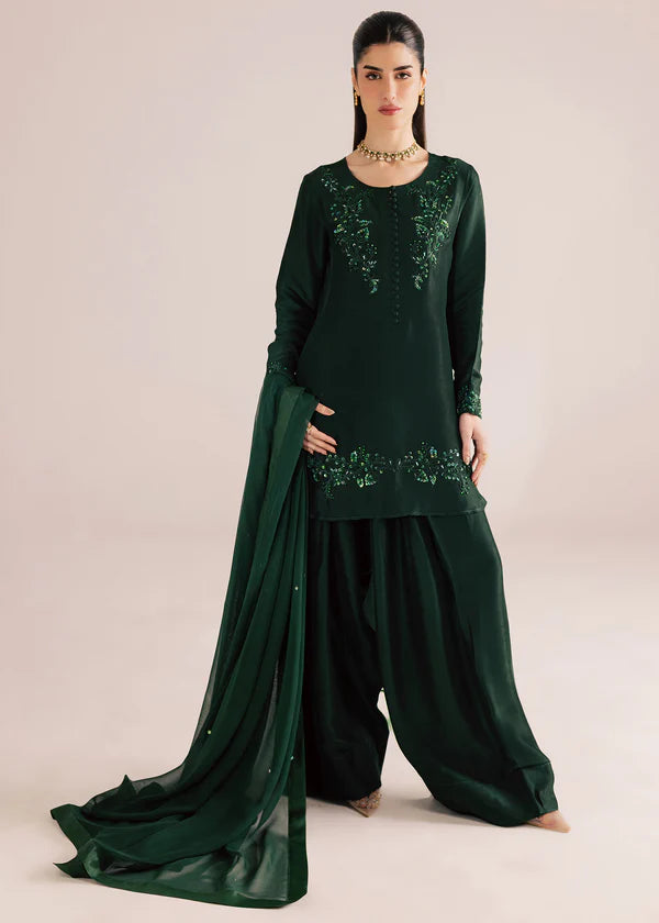 ATM26320 | Pakistani Designer's Silk Bottle Green Hand Made Embroidered  Readymade 3 Piece Partywear Suit